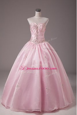Elegant Baby Pink Lace Up Strapless Beading and Embroidery Sweet 16 Dress Organza Sleeveless