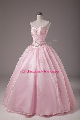 Elegant Baby Pink Lace Up Strapless Beading and Embroidery Sweet 16 Dress Organza Sleeveless