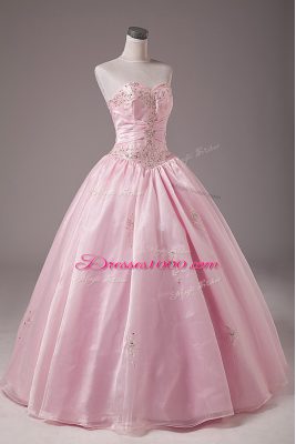 Elegant Baby Pink Lace Up Strapless Beading and Embroidery Sweet 16 Dress Organza Sleeveless