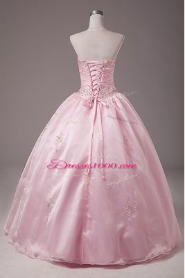 Elegant Baby Pink Lace Up Strapless Beading and Embroidery Sweet 16 Dress Organza Sleeveless