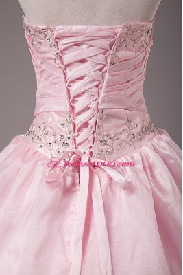 Elegant Baby Pink Lace Up Strapless Beading and Embroidery Sweet 16 Dress Organza Sleeveless