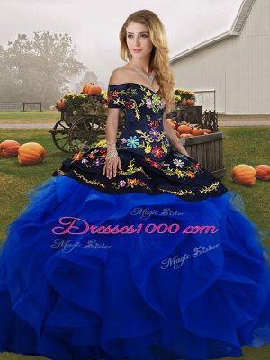 Flare Blue And Black Lace Up Off The Shoulder Embroidery and Ruffles Sweet 16 Dresses Tulle Sleeveless