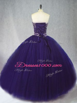 Purple Ball Gowns Tulle Sweetheart Sleeveless Beading Floor Length Lace Up 15 Quinceanera Dress