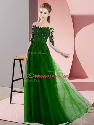 Half Sleeves Chiffon Floor Length Lace Up Wedding Party Dress in Green with Beading and Lace