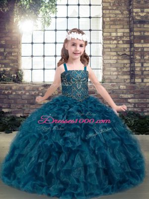 On Sale Teal Sleeveless Floor Length Beading and Ruffles Lace Up Little Girl Pageant Dress