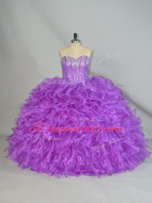 Sumptuous Beading and Ruffles Sweet 16 Dress Purple Lace Up Sleeveless Floor Length