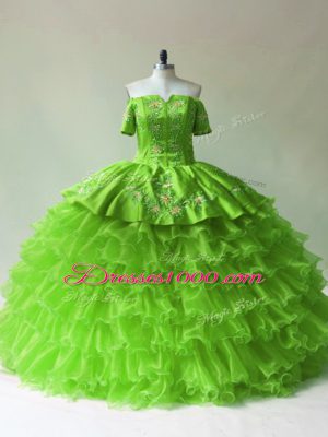 Extravagant Ball Gowns Off The Shoulder Sleeveless Organza Floor Length Lace Up Embroidery and Ruffled Layers Ball Gown Prom Dress