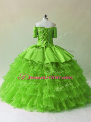 Extravagant Ball Gowns Off The Shoulder Sleeveless Organza Floor Length Lace Up Embroidery and Ruffled Layers Ball Gown Prom Dress