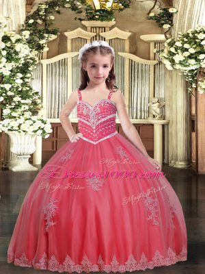 Watermelon Red Lace Up Straps Beading and Appliques Custom Made Pageant Dress Tulle Sleeveless