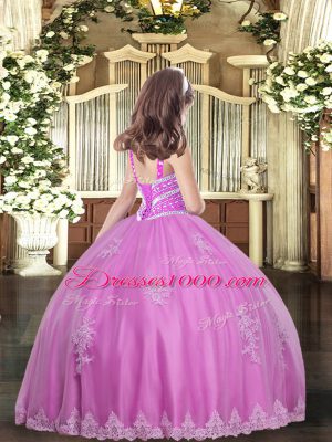 Watermelon Red Lace Up Straps Beading and Appliques Custom Made Pageant Dress Tulle Sleeveless