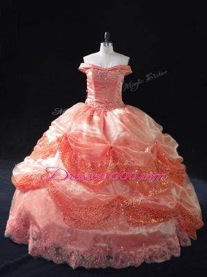 Shining Ball Gowns 15th Birthday Dress Watermelon Red Off The Shoulder Organza Sleeveless Floor Length Lace Up