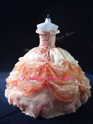 Shining Ball Gowns 15th Birthday Dress Watermelon Red Off The Shoulder Organza Sleeveless Floor Length Lace Up