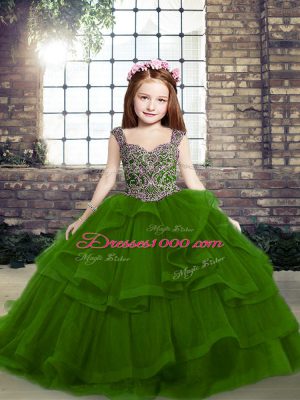 Dazzling Ball Gowns Pageant Dress for Girls Green Straps Tulle Sleeveless Floor Length Lace Up