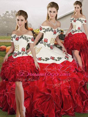 White And Red Off The Shoulder Neckline Embroidery and Ruffles Quince Ball Gowns Sleeveless Lace Up