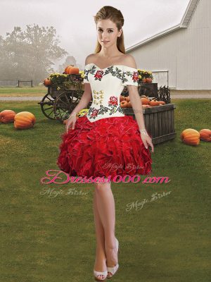 White And Red Off The Shoulder Neckline Embroidery and Ruffles Quince Ball Gowns Sleeveless Lace Up