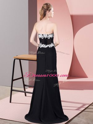 Flare Black Sleeveless Floor Length Lace and Appliques Zipper Celebrity Evening Dresses