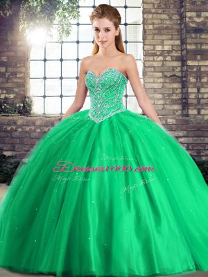 Sleeveless Tulle Brush Train Lace Up Quinceanera Dress in Green with Beading