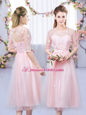 Beauteous Tea Length Baby Pink Wedding Party Dress Tulle Half Sleeves Lace and Belt
