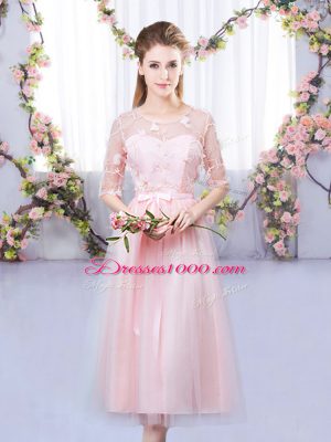 Beauteous Tea Length Baby Pink Wedding Party Dress Tulle Half Sleeves Lace and Belt