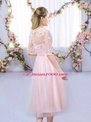 Beauteous Tea Length Baby Pink Wedding Party Dress Tulle Half Sleeves Lace and Belt