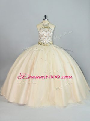 Fashion Floor Length Ball Gowns Sleeveless Champagne Quinceanera Gown Lace Up