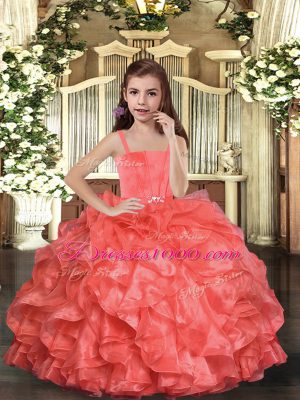 High End Floor Length Coral Red Little Girls Pageant Gowns Straps Sleeveless Lace Up