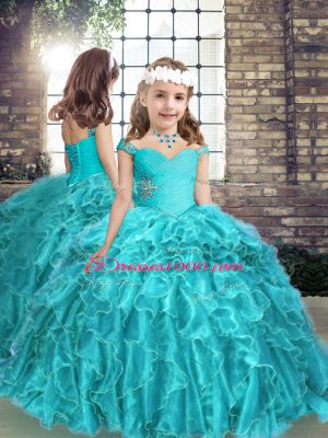 Aqua Blue Straps Lace Up Beading and Ruffles Kids Pageant Dress Sleeveless