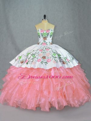 Dramatic Sleeveless Organza Floor Length Lace Up Sweet 16 Dresses in Pink with Embroidery and Ruffles