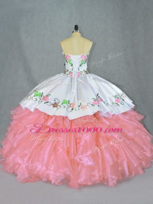 Dramatic Sleeveless Organza Floor Length Lace Up Sweet 16 Dresses in Pink with Embroidery and Ruffles