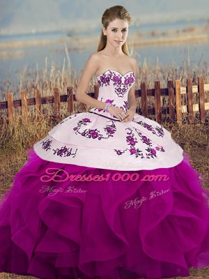 Fuchsia Tulle Lace Up Sweet 16 Dresses Sleeveless Floor Length Embroidery and Ruffles and Bowknot