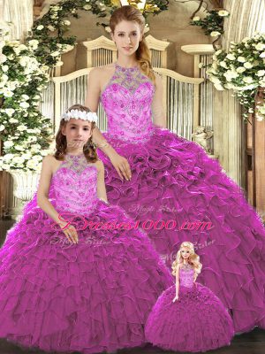 Organza Halter Top Sleeveless Lace Up Beading and Ruffles Sweet 16 Dresses in Fuchsia