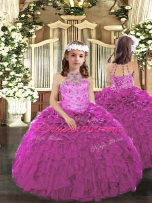 Organza Halter Top Sleeveless Lace Up Beading and Ruffles Sweet 16 Dresses in Fuchsia