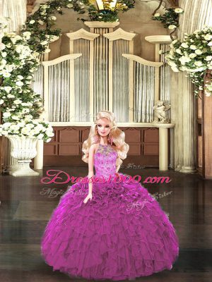 Organza Halter Top Sleeveless Lace Up Beading and Ruffles Sweet 16 Dresses in Fuchsia