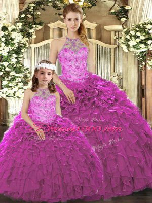 Organza Halter Top Sleeveless Lace Up Beading and Ruffles Sweet 16 Dresses in Fuchsia