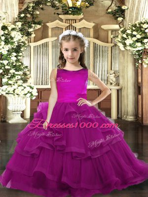 Purple Tulle Lace Up Kids Formal Wear Sleeveless Floor Length Ruffled Layers