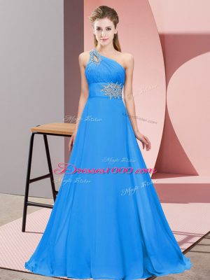 Graceful Sleeveless Chiffon Floor Length Lace Up Celebrity Style Dress in Blue with Beading