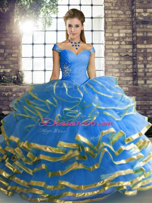 Classical Floor Length Blue Sweet 16 Dresses Tulle Sleeveless Beading and Ruffled Layers