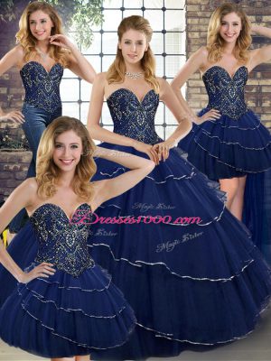 Classical Navy Blue Sweet 16 Dresses Tulle Brush Train Sleeveless Beading and Ruffled Layers