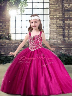 Excellent Fuchsia Sleeveless Tulle Lace Up Little Girls Pageant Dress Wholesale for Party and Sweet 16 and Wedding Party