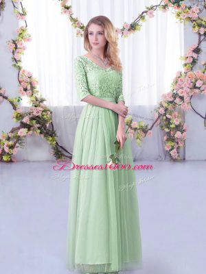 Apple Green Side Zipper Wedding Guest Dresses Lace and Belt Half Sleeves Floor Length