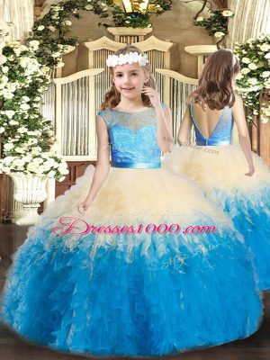 Fantastic Multi-color Ball Gowns Scoop Sleeveless Organza Floor Length Backless Lace and Ruffles Quinceanera Dress