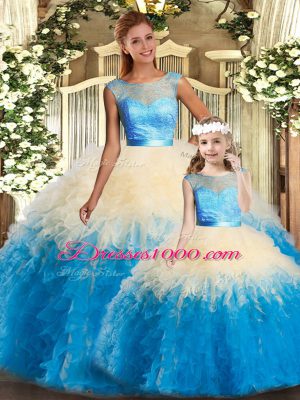 Fantastic Multi-color Ball Gowns Scoop Sleeveless Organza Floor Length Backless Lace and Ruffles Quinceanera Dress