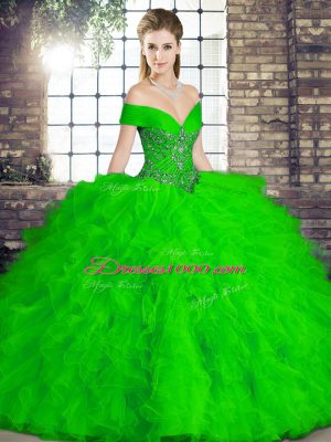 Chic Green Tulle Lace Up Off The Shoulder Sleeveless Floor Length Quinceanera Gowns Beading and Ruffles