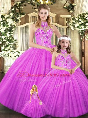 Sumptuous Halter Top Sleeveless Ball Gown Prom Dress Floor Length Embroidery Lilac Tulle