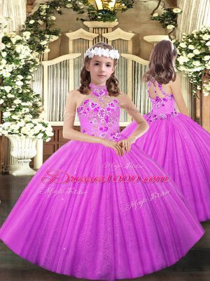 Sumptuous Halter Top Sleeveless Ball Gown Prom Dress Floor Length Embroidery Lilac Tulle