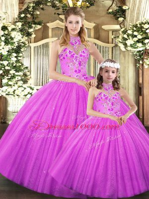 Sumptuous Halter Top Sleeveless Ball Gown Prom Dress Floor Length Embroidery Lilac Tulle