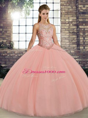 Ball Gowns 15 Quinceanera Dress Peach Scoop Tulle Sleeveless Floor Length Lace Up