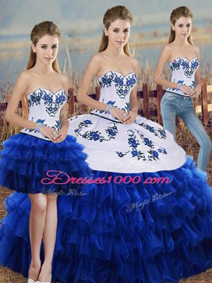 Royal Blue Quince Ball Gowns Military Ball and Sweet 16 and Quinceanera with Embroidery and Ruffled Layers and Bowknot Sweetheart Sleeveless Lace Up