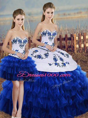 Royal Blue Quince Ball Gowns Military Ball and Sweet 16 and Quinceanera with Embroidery and Ruffled Layers and Bowknot Sweetheart Sleeveless Lace Up