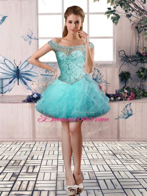 Exceptional Aqua Blue Custom Made Prom and Party with Beading and Ruffles Off The Shoulder Sleeveless Lace Up